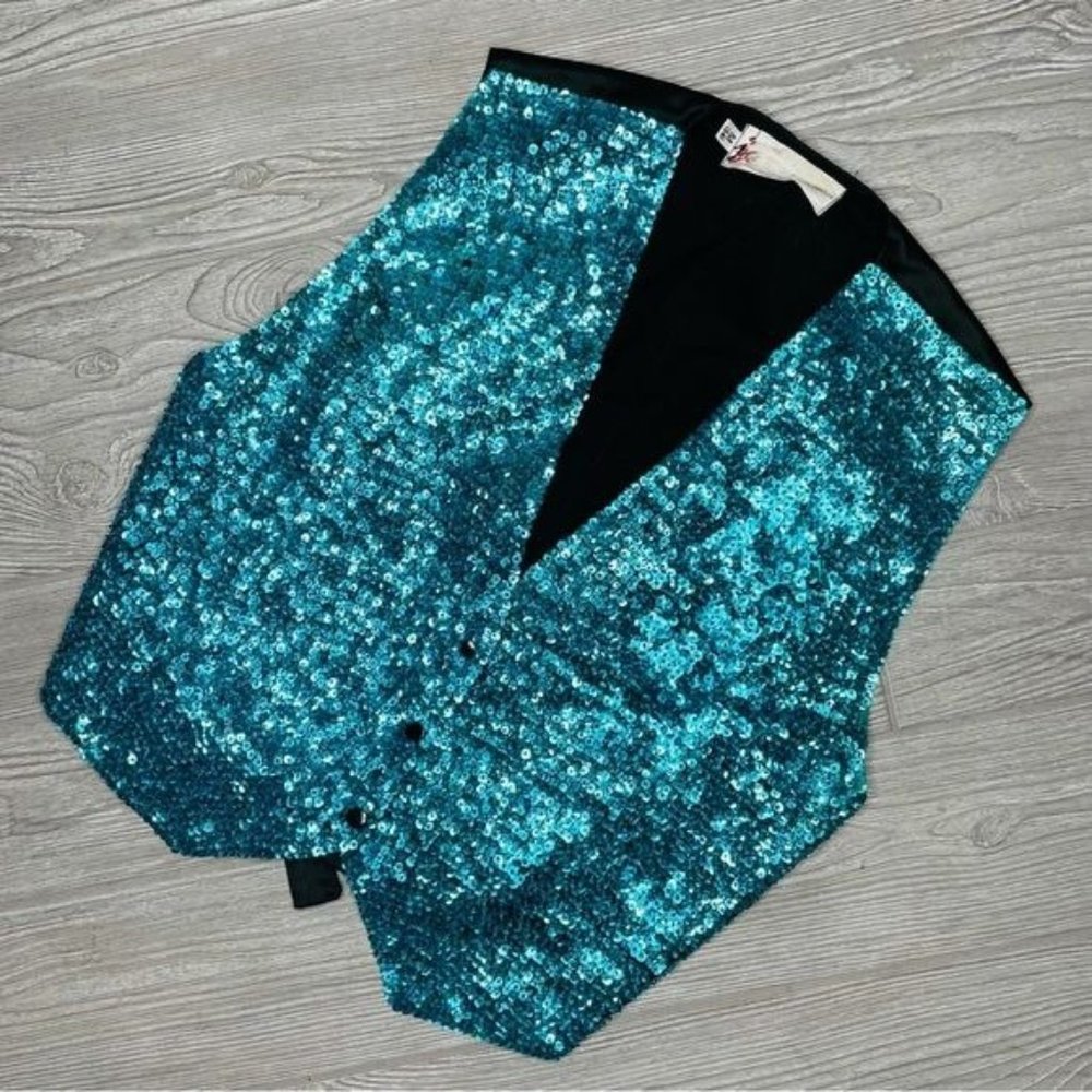 Vintage JC blue / teal vest shirt beaded sequin top w/ adjustable back medium